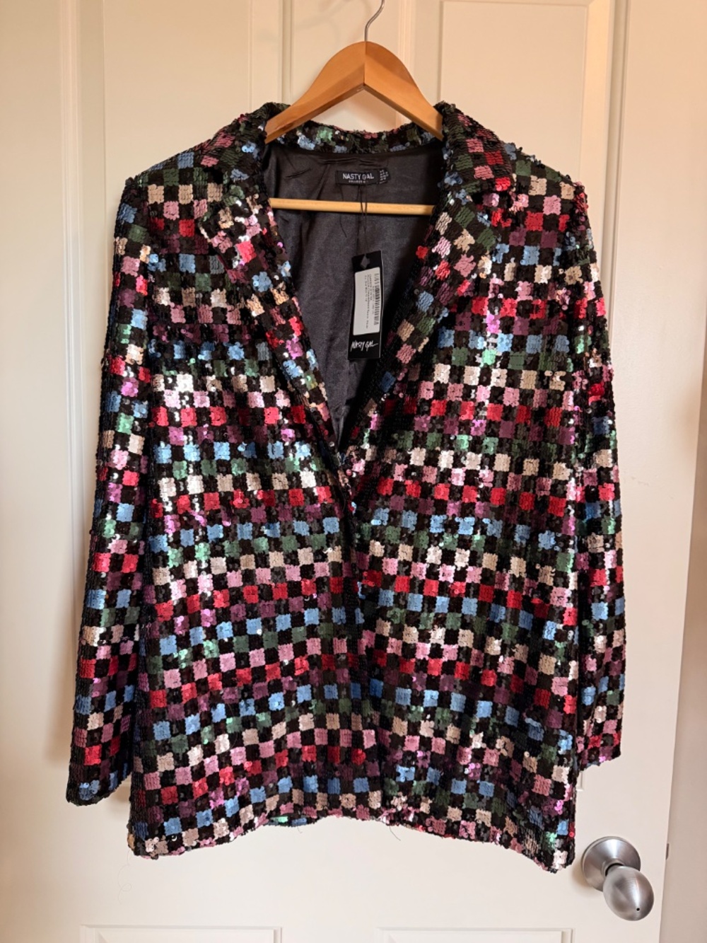 BNWT Nasty Gal Checkerboard Sequin Blazer and Flared Pants - Picture 3 of 8
